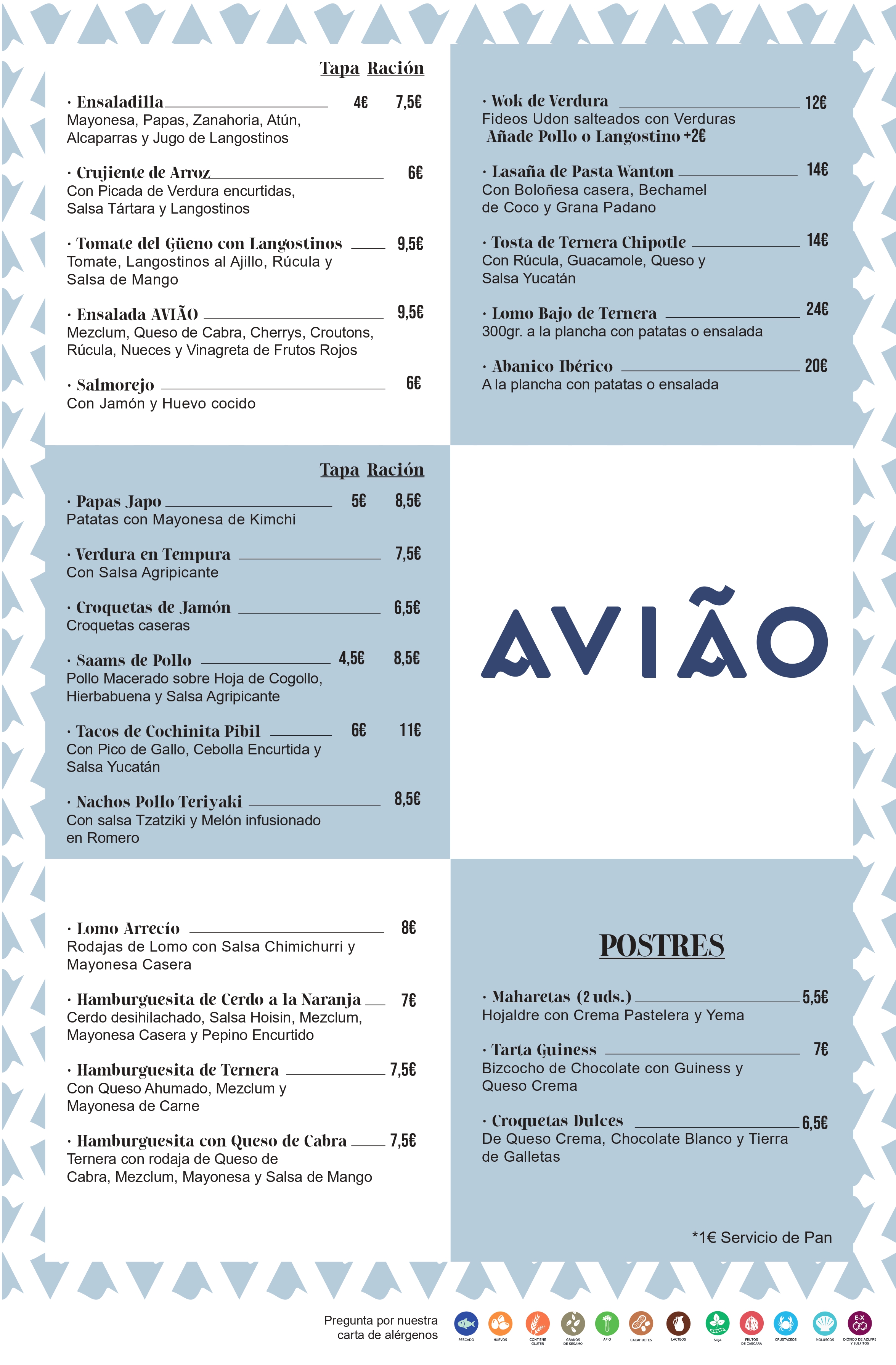 Carta de AVIÃO Málaga con tapas, raciones, platos principales y postres